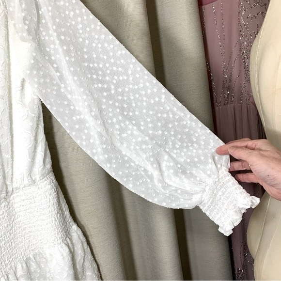 White House Black Market Smocked Blouson Dress Ivory M Sheer Romantic Feminine - Picture 7 of 16